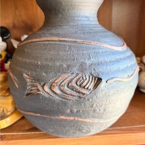 Studio Art Pottery Vase Raku Black Incised Abstract Modern Fish Signed CT Large